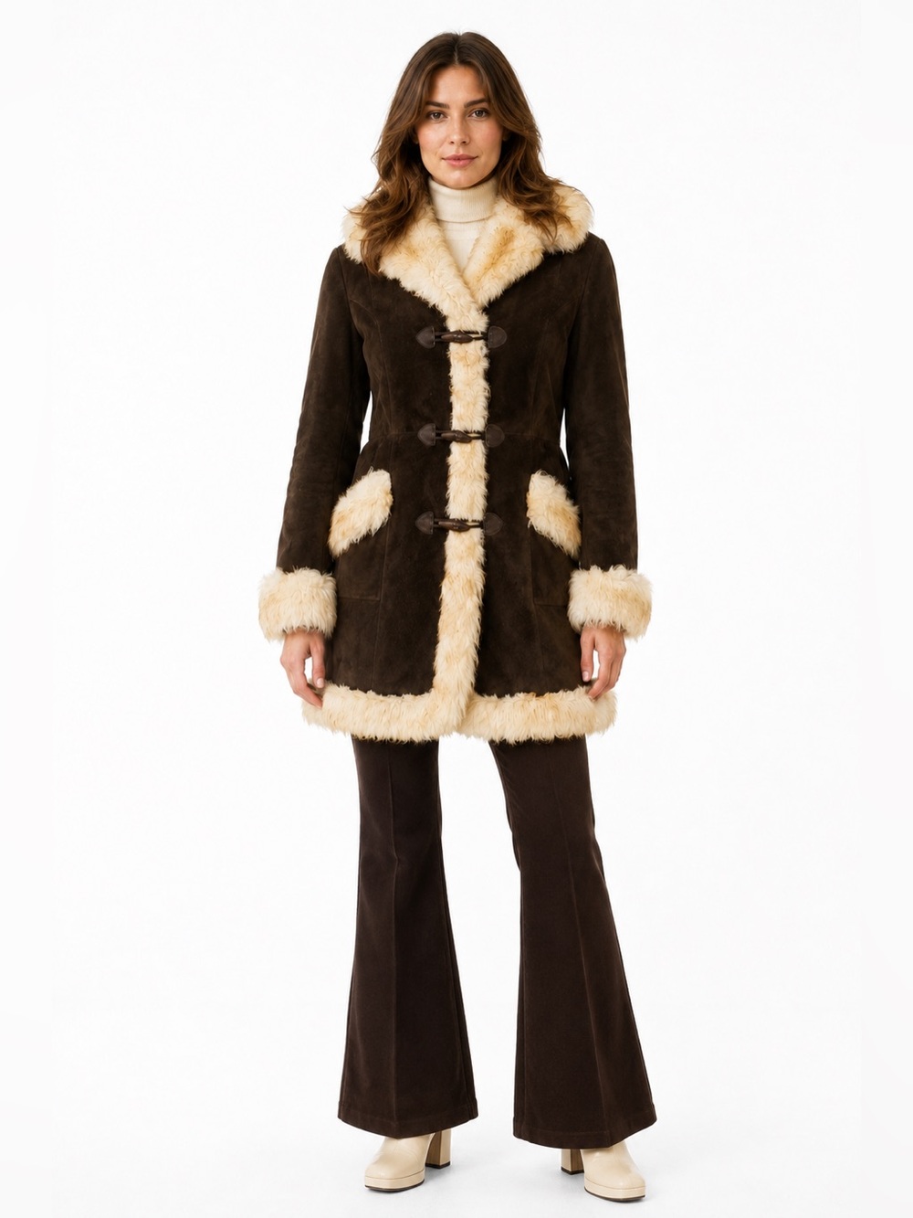 Vintage 1970s Brown Suede Shearling Penny Lane Toggle Coat Size XS/S